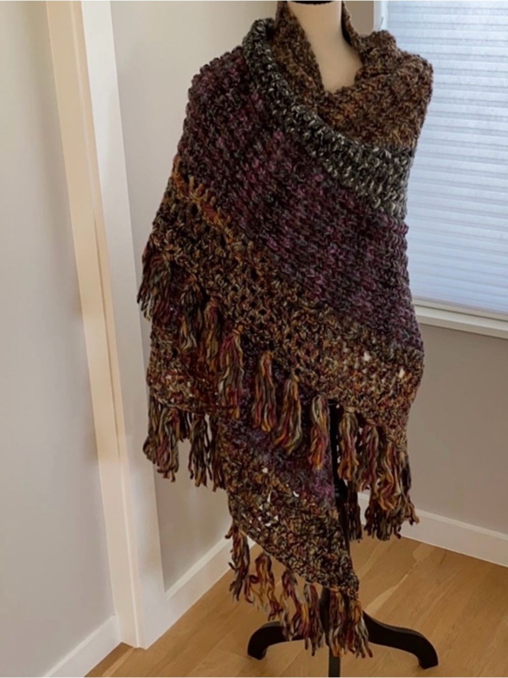 Free People Multicolor Knit Fringe Shawl in Brown, Purple, Cream, Gray